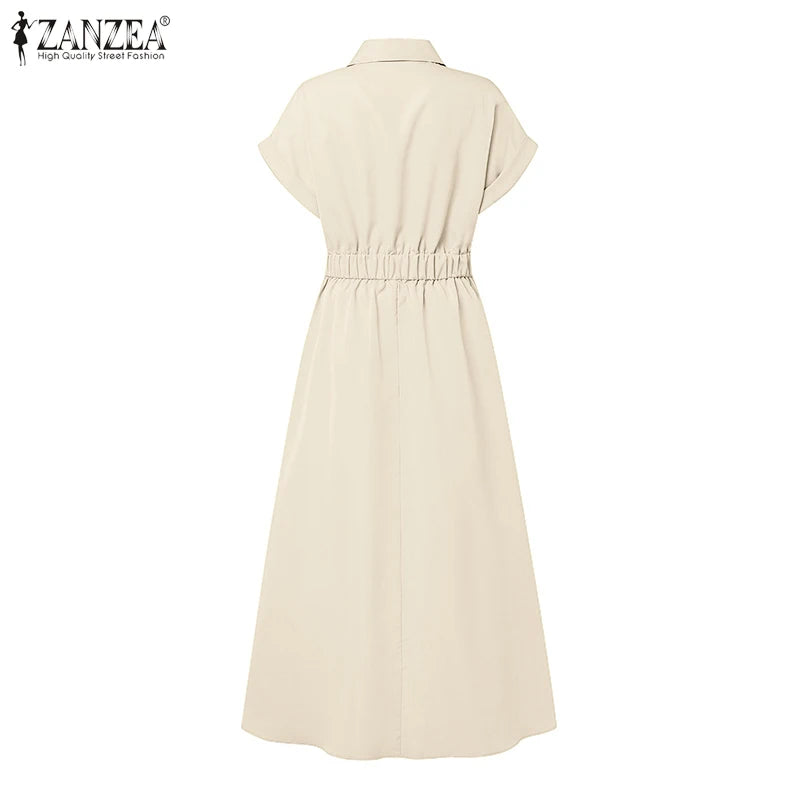 ZANZEA Women's A-Line Work Dress — Lapel Neck Short Sleeve Elegant Sundress