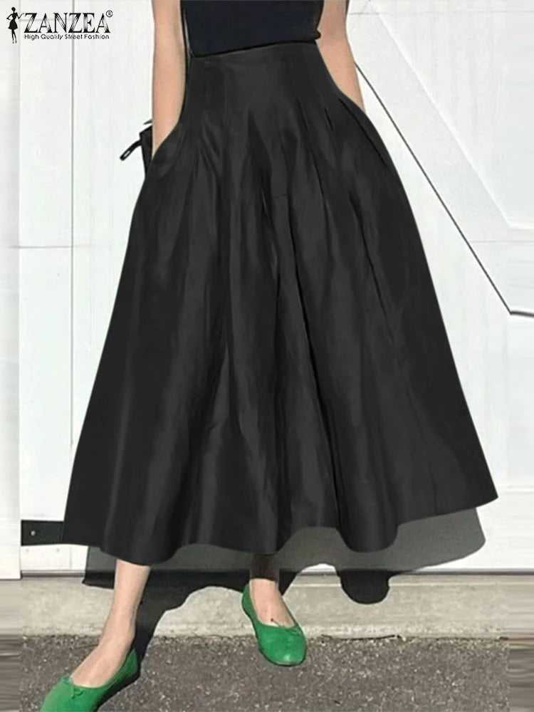 ZANZEA Women's Pleated A-Line Maxi Skirt — High Waist Elegant Long Skirt
