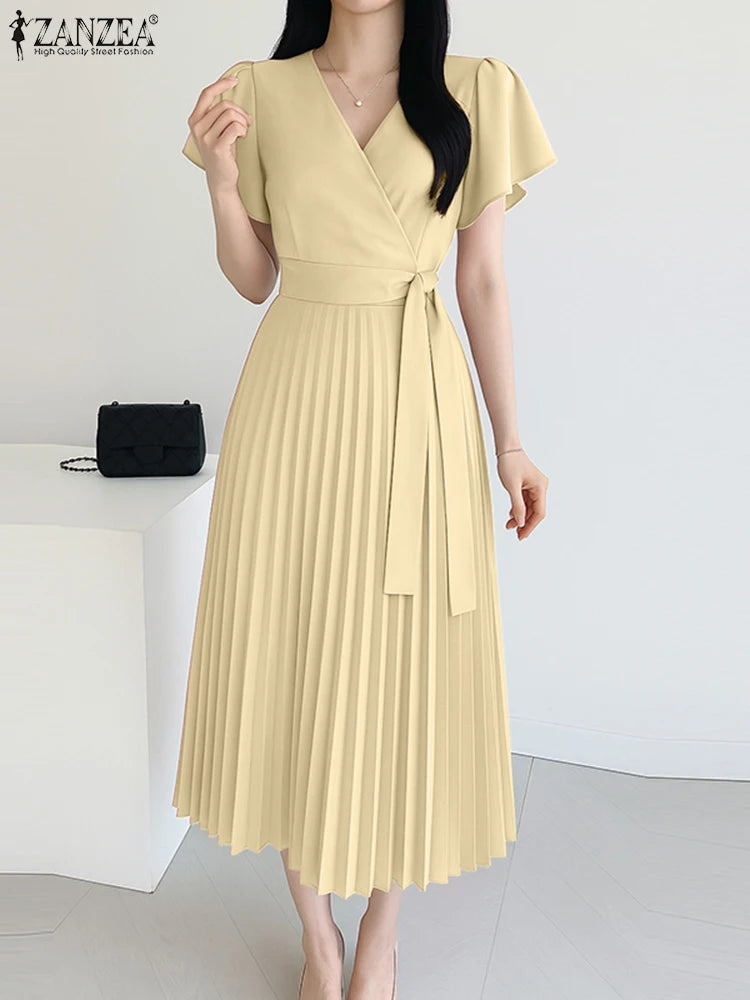 ZANZEA Women's Pleated Midi Dress — V-Neck Puff Sleeve Belted Sundress