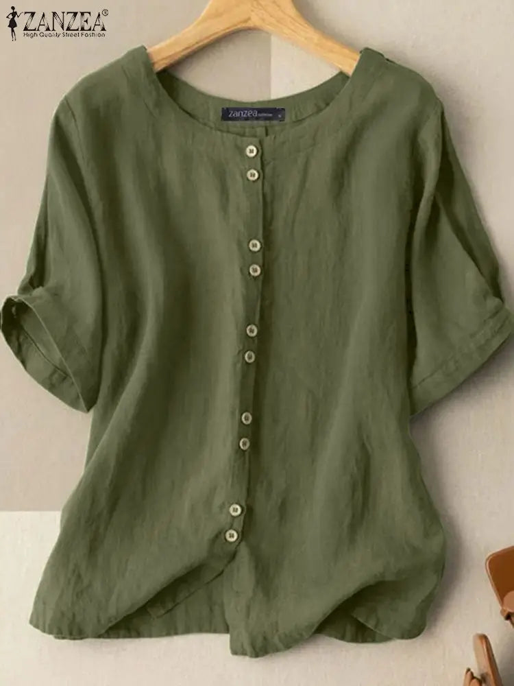 ZANZEA Women's Button-Down Cotton Blouse — Short Sleeve O-Neck Loose Tunic Top