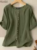 ZANZEA Women's Button-Down Cotton Blouse — Short Sleeve O-Neck Loose Tunic Top