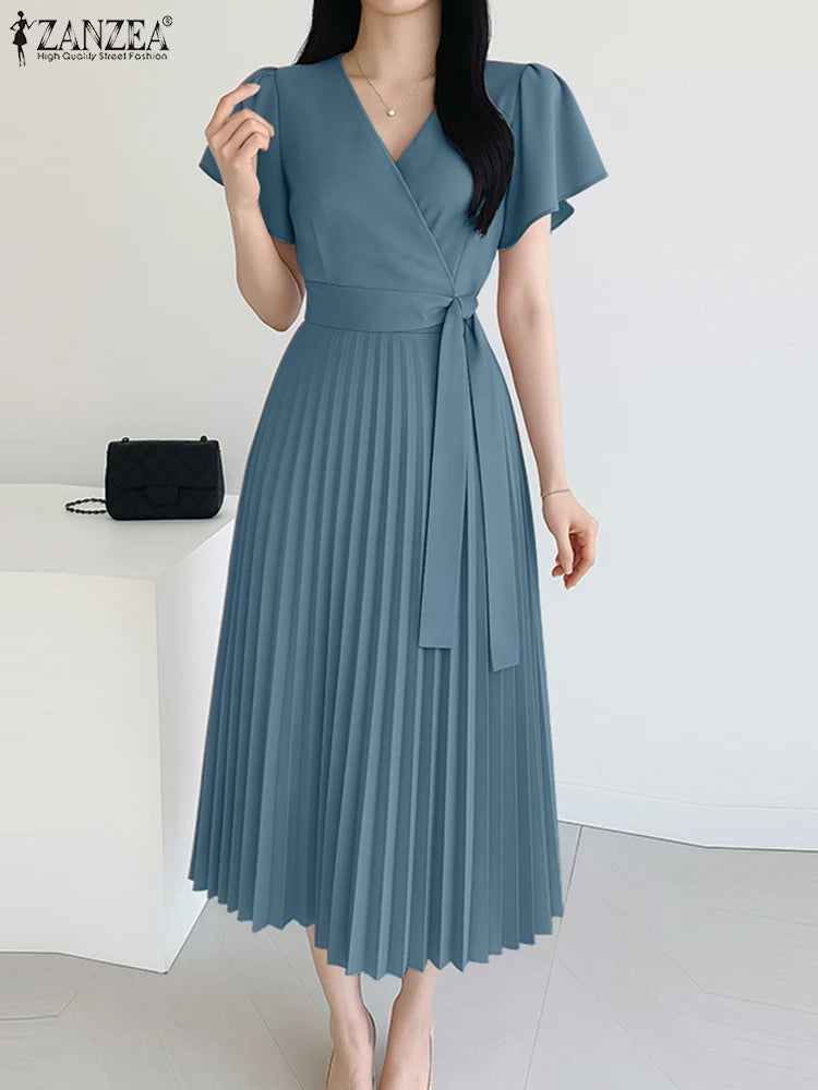 ZANZEA Women's Pleated Midi Dress — V-Neck Puff Sleeve Belted Sundress
