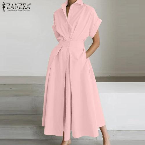 ZANZEA Women's A-Line Work Dress — Lapel Neck Short Sleeve Elegant Sundress
