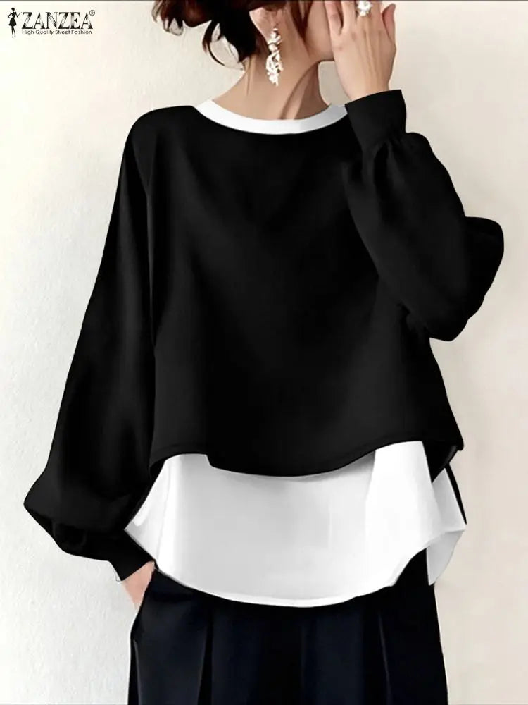 ZANZEA Women's Patchwork Sweatshirt — Fake 2-Piece Long Sleeve Pullover Top