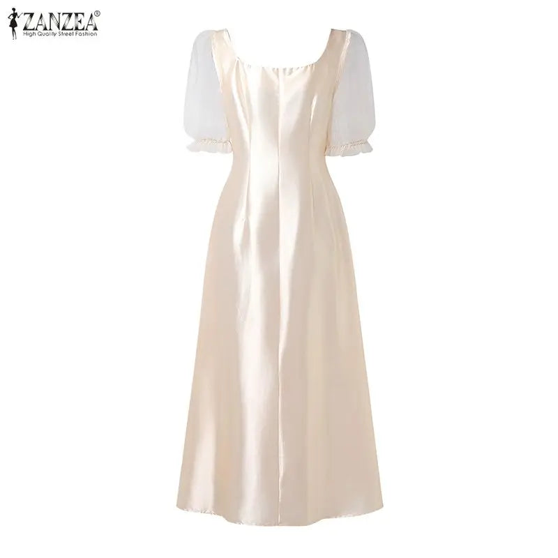 ZANZEA Women's Mesh Patchwork Party Dress — Square Neck Puff Sleeve Sundress
