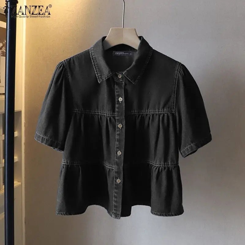 ZANZEA Women's Denim Blouse — Lapel Neck Short Sleeve Ruffled Holiday Shirt