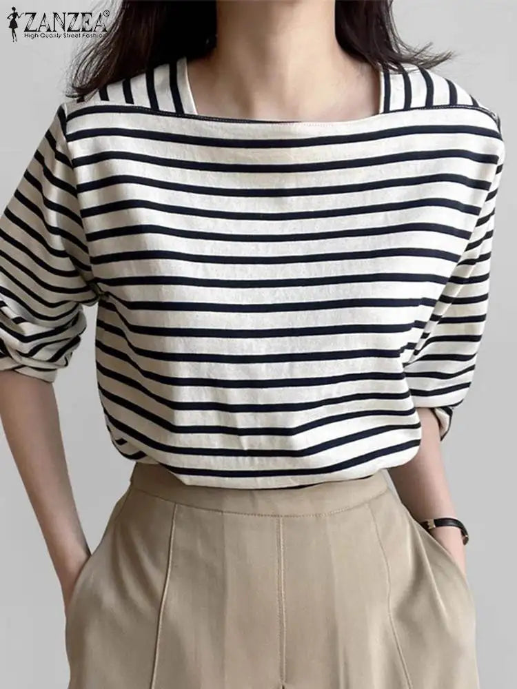 ZANZEA Women's Striped Square Neck Blouse — Long Sleeve Elegant Work Top