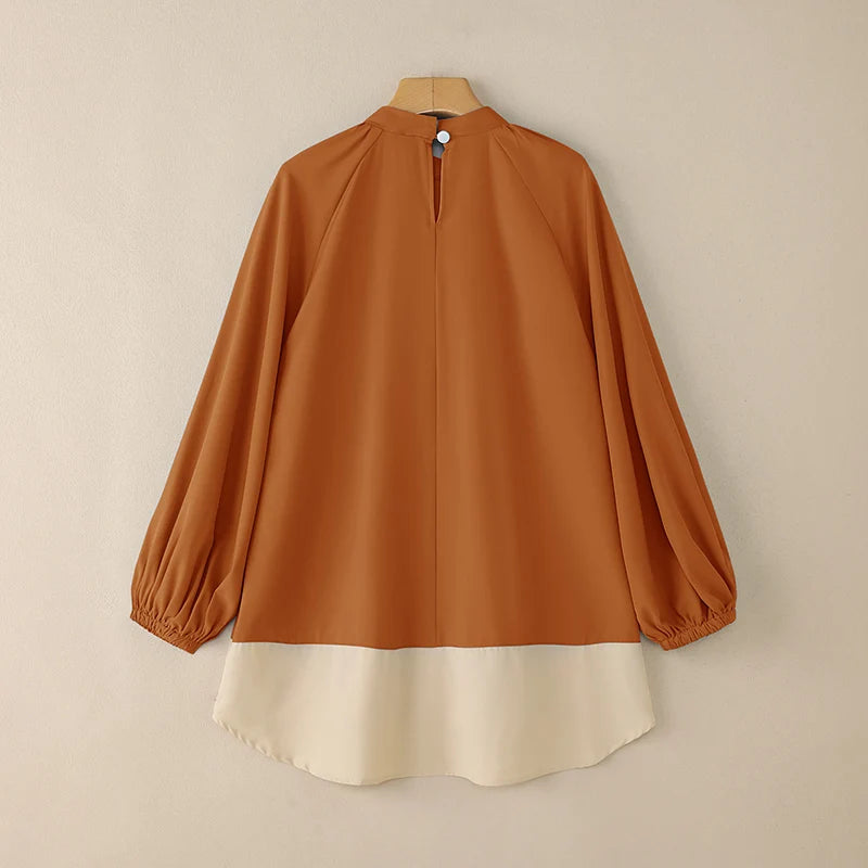 ZANZEA Women's Patchwork Blouse — Long Lantern Sleeve Pleated Work Shirt