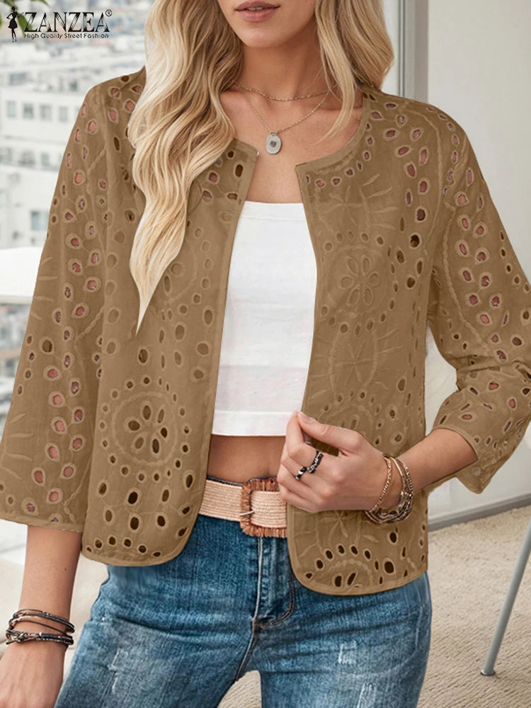 ZANZEA Women's Hollow Out Cardigan — 3/4 Sleeve Lace Kimono Top