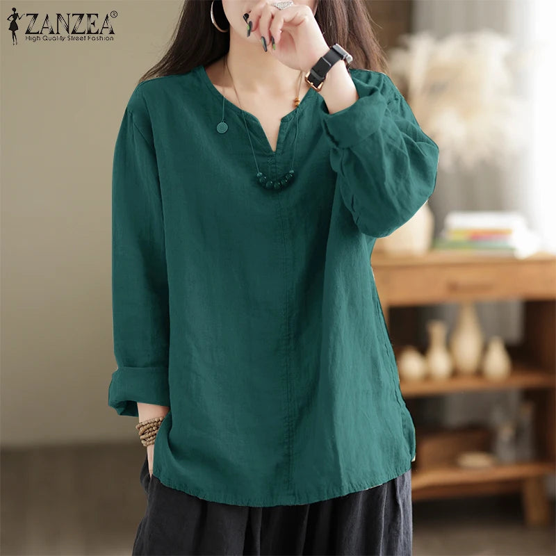 ZANZEA Women's Cotton Tunic Blouse — V-Neck Long Sleeve Loose Work Shirt