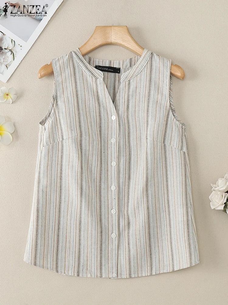 ZANZEA Women's Striped Button-Down Tank Top — Sleeveless V-Neck Cami Shirt