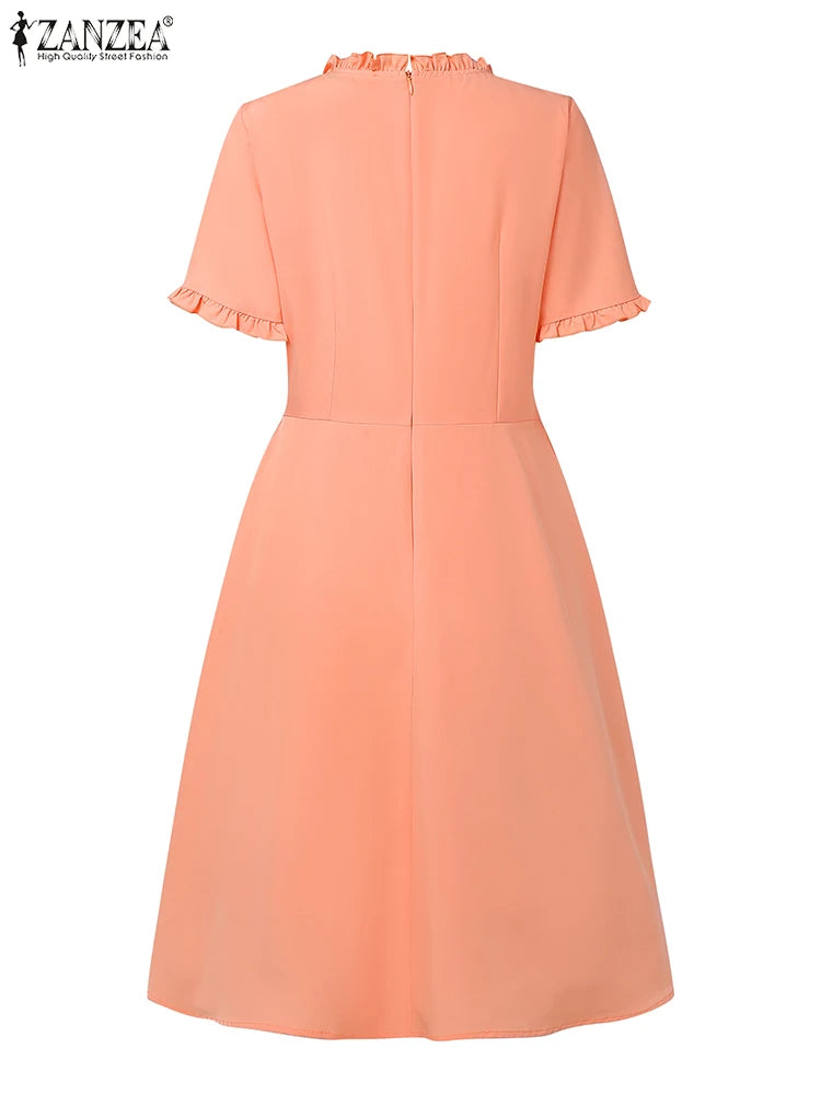 ZANZEA Women's Pleated Midi Dress — Short Sleeve O-Neck Office Sundress