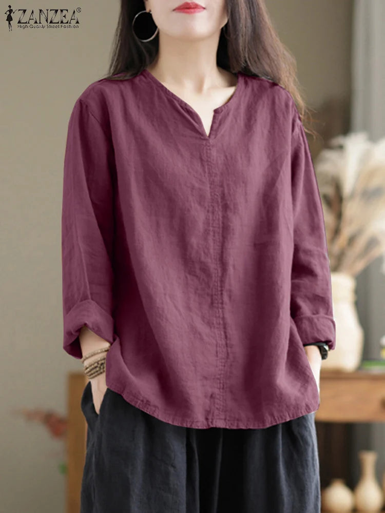 ZANZEA Women's Cotton Tunic Blouse — V-Neck Long Sleeve Loose Work Shirt