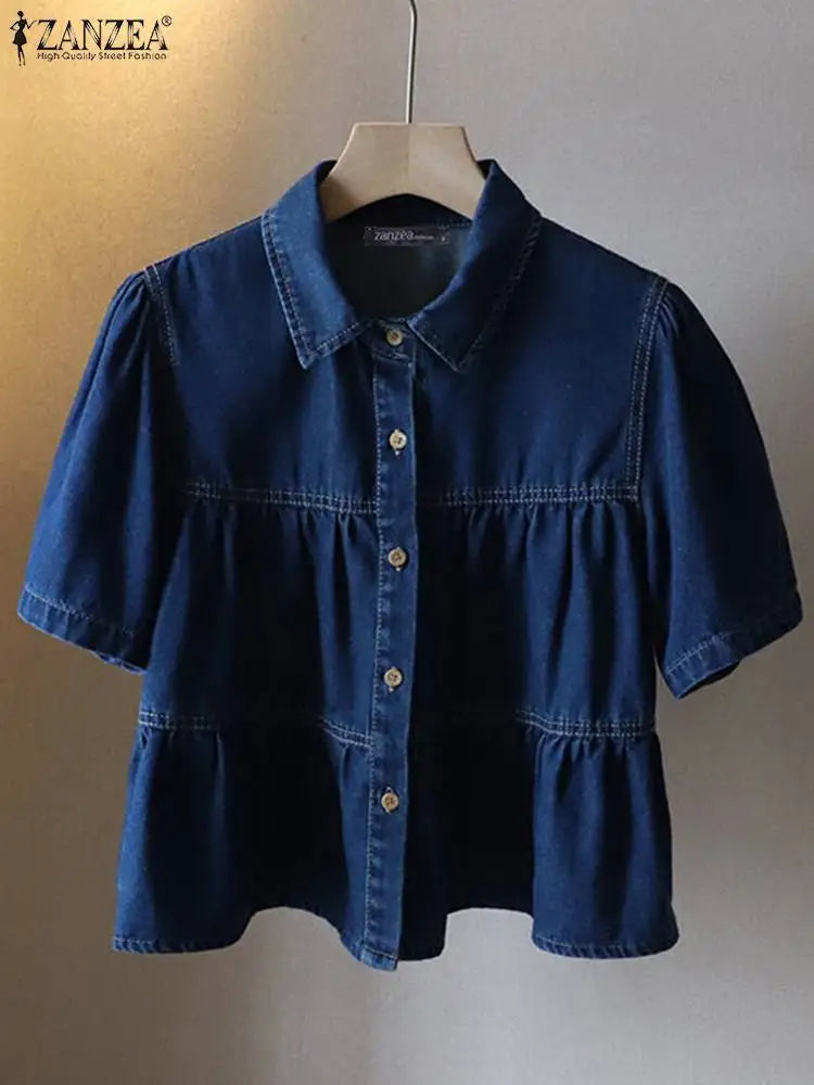 ZANZEA Women's Denim Blouse — Lapel Neck Short Sleeve Ruffled Holiday Shirt