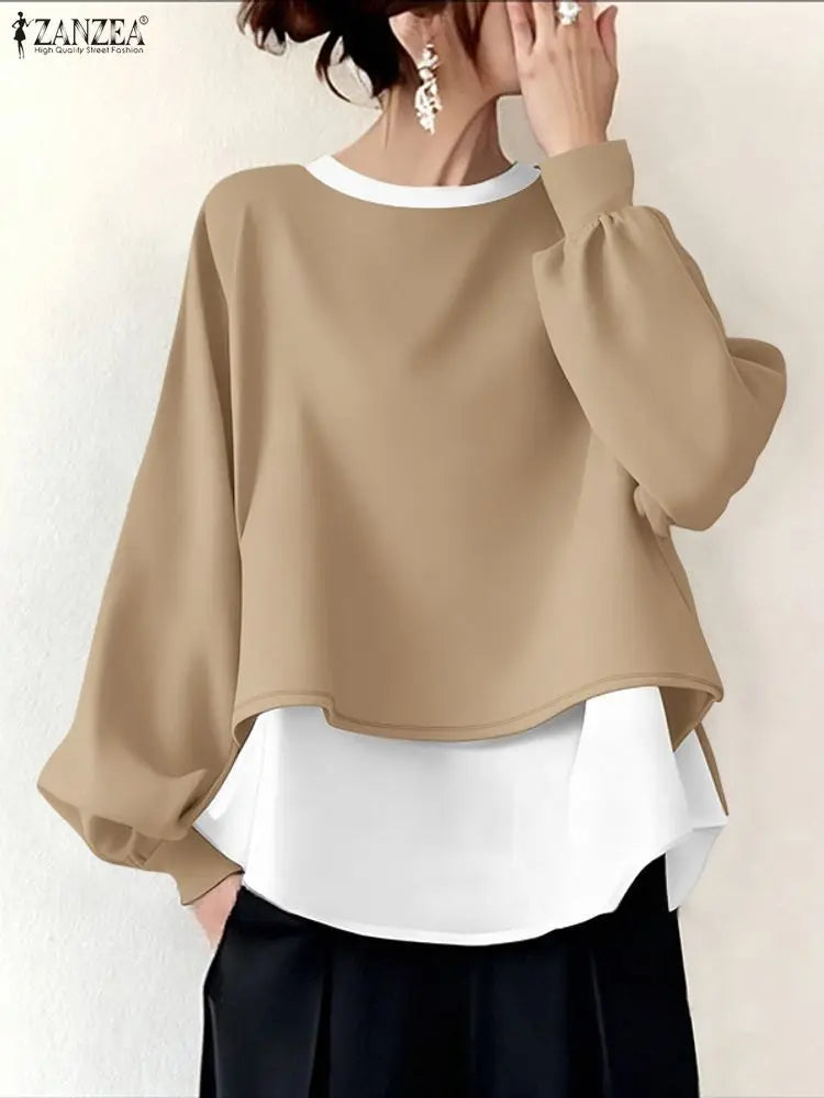 ZANZEA Women's Patchwork Sweatshirt — Fake 2-Piece Long Sleeve Pullover Top