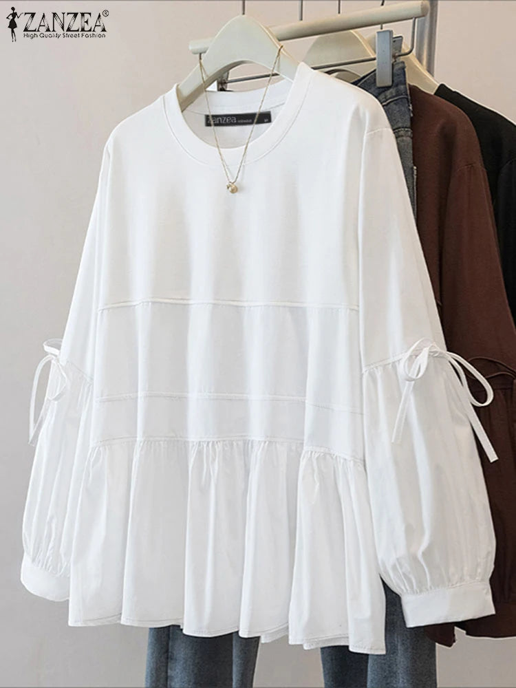 ZANZEA Women's Lace-Up Tunic Blouse — Long Sleeve Casual Loose Solid Top