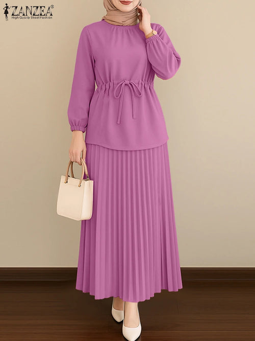 ZANZEA Women's 2-Piece Work Set — Long Sleeve Top & Pleated Maxi Skirt Outfit