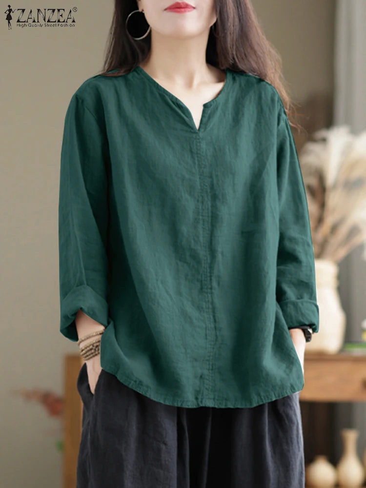 ZANZEA Women's Cotton Tunic Blouse — V-Neck Long Sleeve Loose Work Shirt