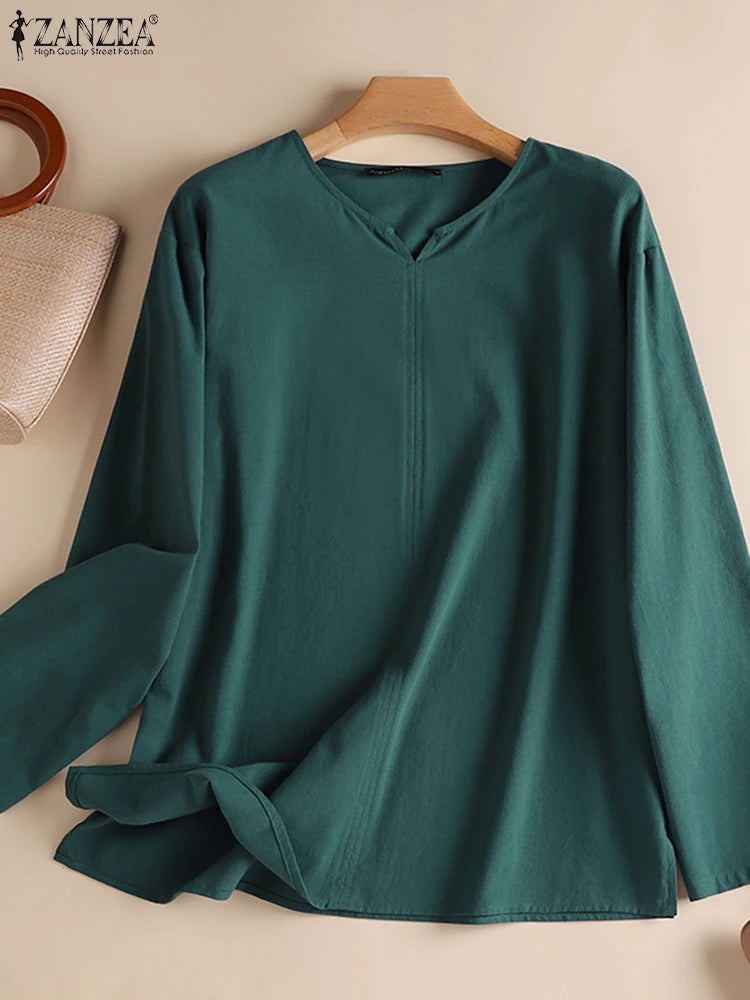 ZANZEA Women's Cotton Tunic Blouse — V-Neck Long Sleeve Loose Work Shirt