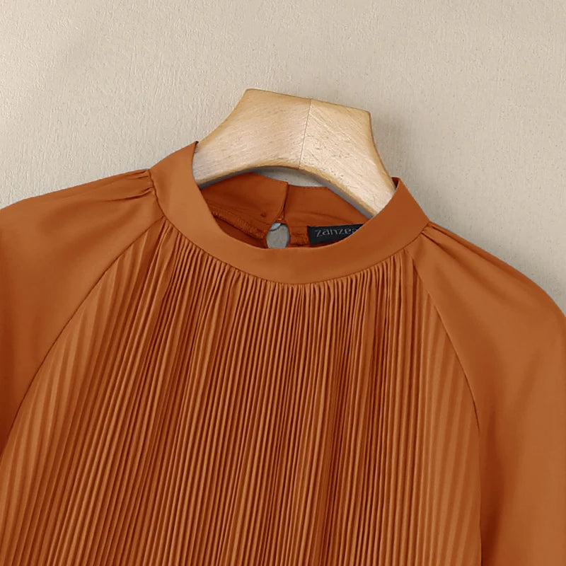 ZANZEA Women's Patchwork Blouse — Long Lantern Sleeve Pleated Work Shirt