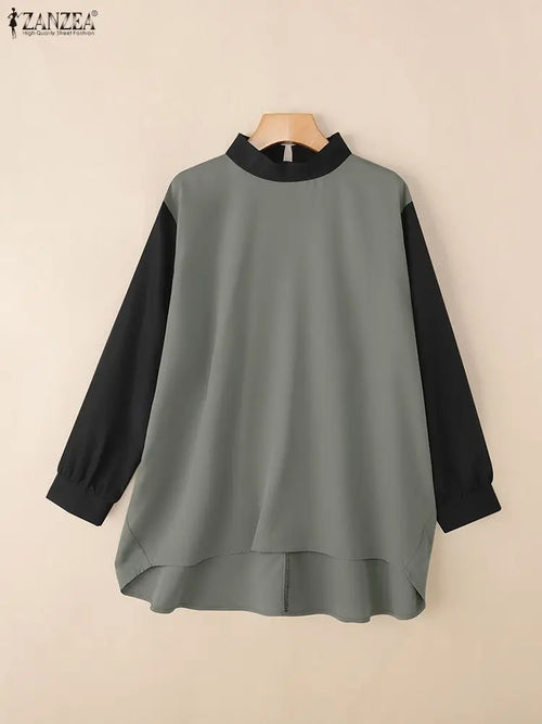 ZANZEA Women's Contrast Patchwork Pullover — Oversized Long Sleeve Stand Collar Top