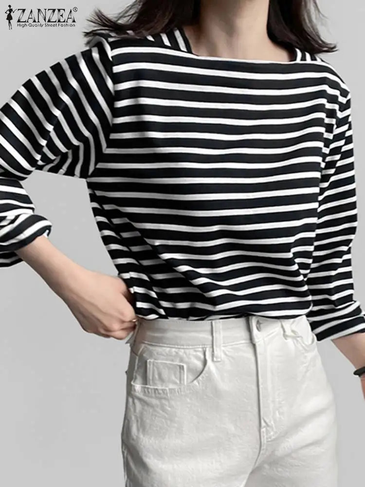 ZANZEA Women's Striped Square Neck Blouse — Long Sleeve Elegant Work Top