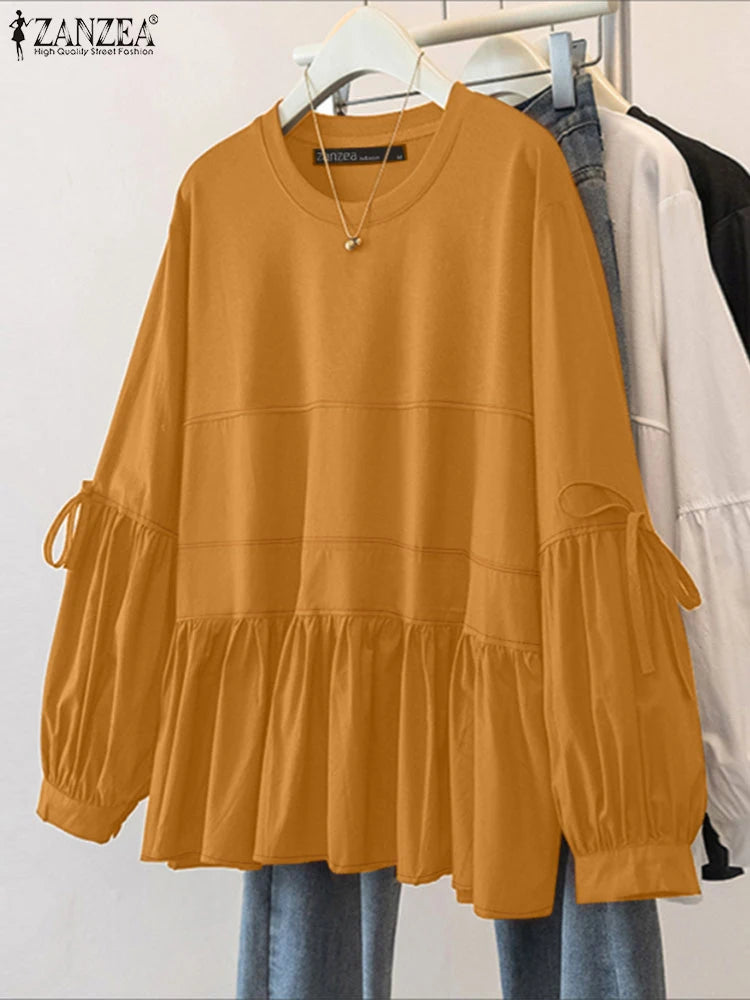 ZANZEA Women's Lace-Up Tunic Blouse — Long Sleeve Casual Loose Solid Top