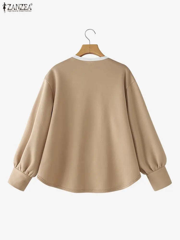 ZANZEA Women's Patchwork Sweatshirt — Fake 2-Piece Long Sleeve Pullover Top
