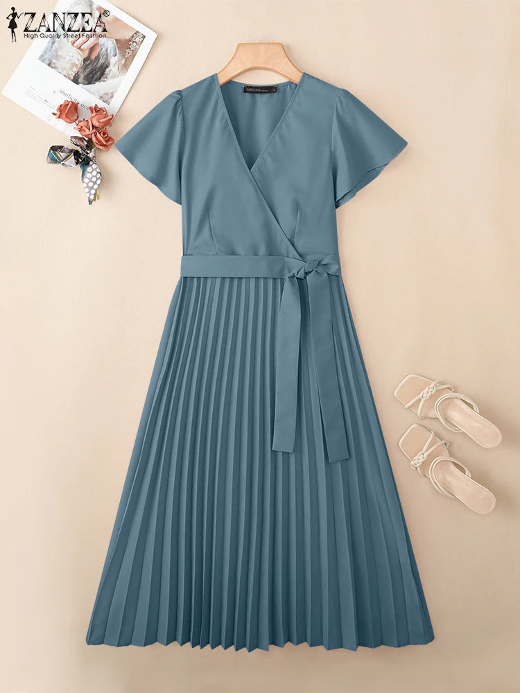 ZANZEA Women's Pleated Midi Dress — V-Neck Puff Sleeve Belted Sundress