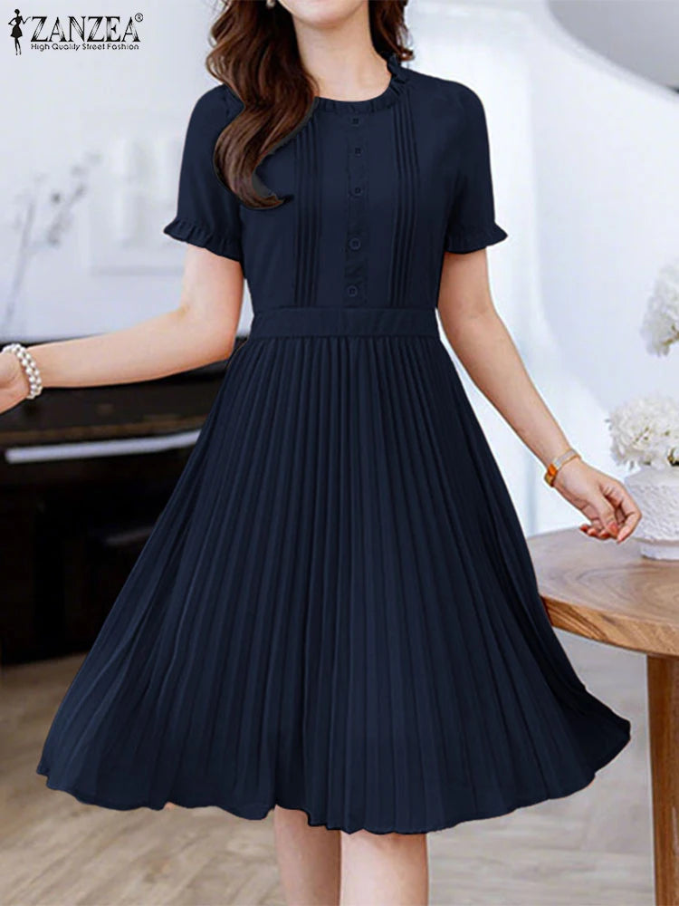 ZANZEA Women's Pleated Midi Dress — Short Sleeve O-Neck Office Sundress