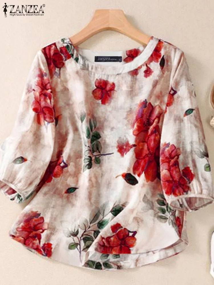 ZANZEA Women's Floral Bohemian Blouse — 3/4 Sleeve Tunic Beach Holiday Top