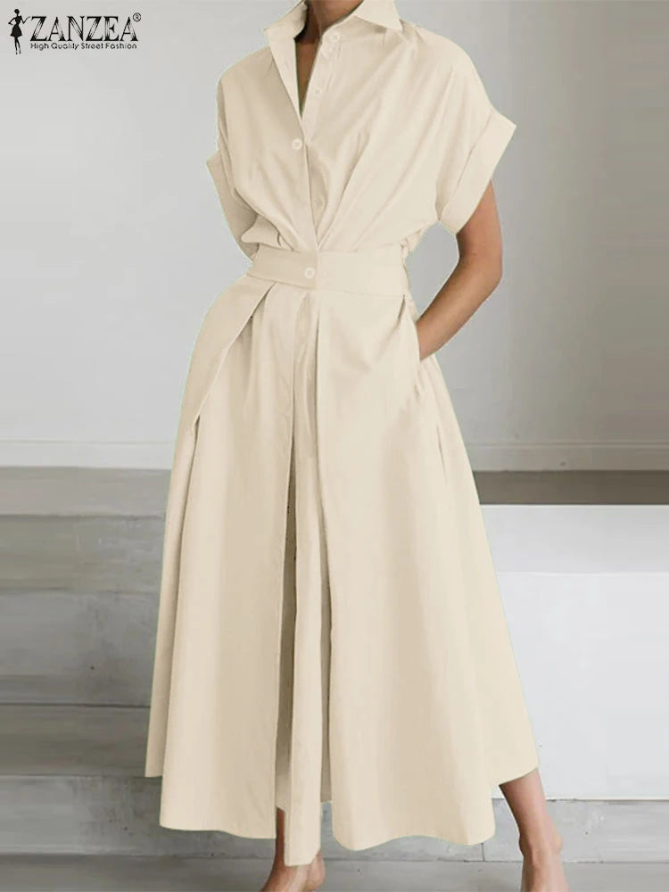 ZANZEA Women's A-Line Work Dress — Lapel Neck Short Sleeve Elegant Sundress