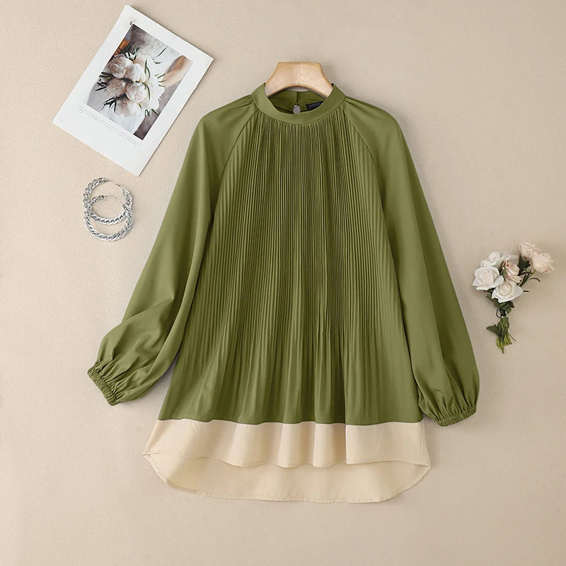 ZANZEA Women's Patchwork Blouse — Long Lantern Sleeve Pleated Work Shirt