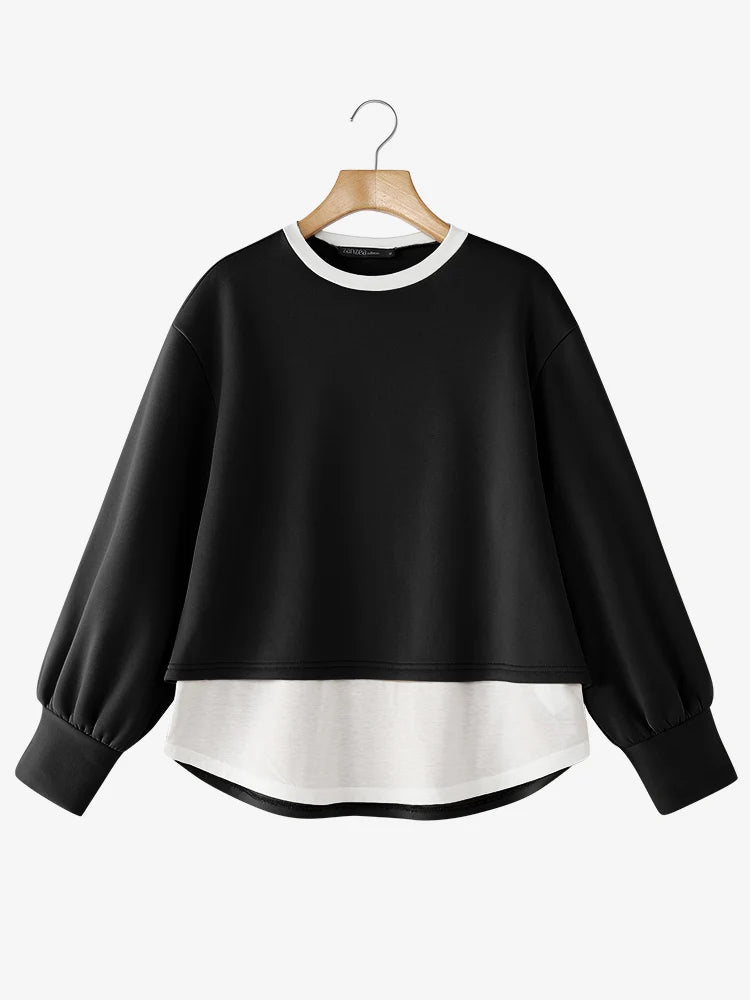ZANZEA Women's Patchwork Sweatshirt — Fake 2-Piece Long Sleeve Pullover Top
