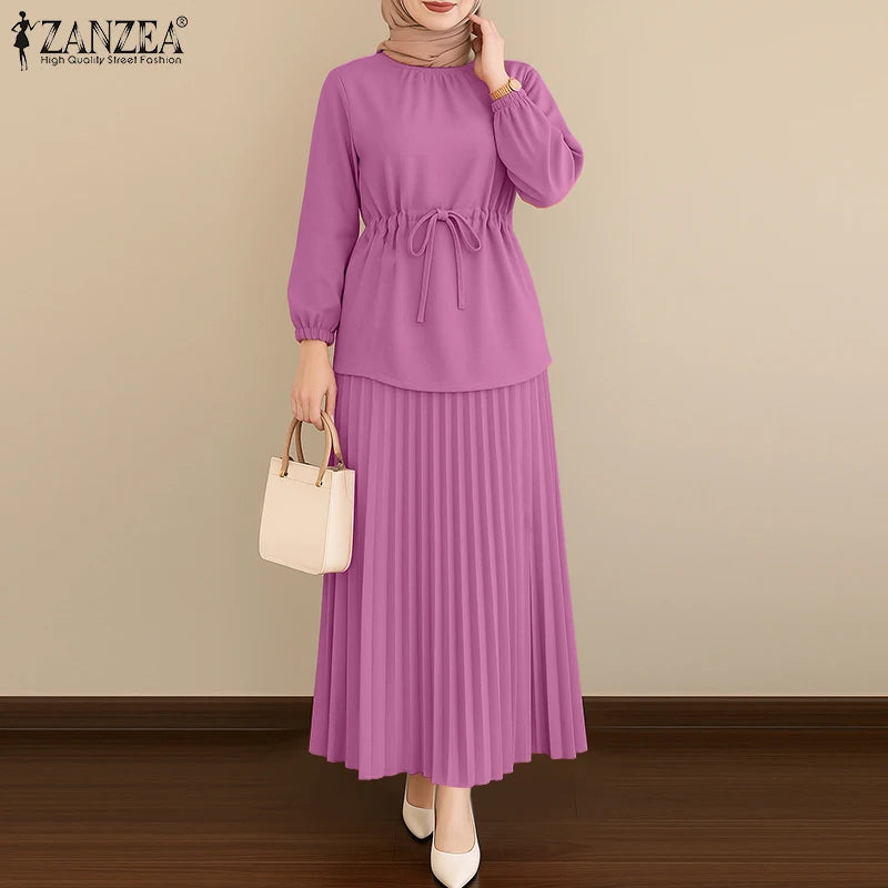 ZANZEA Women's 2-Piece Work Set — Long Sleeve Top & Pleated Maxi Skirt Outfit
