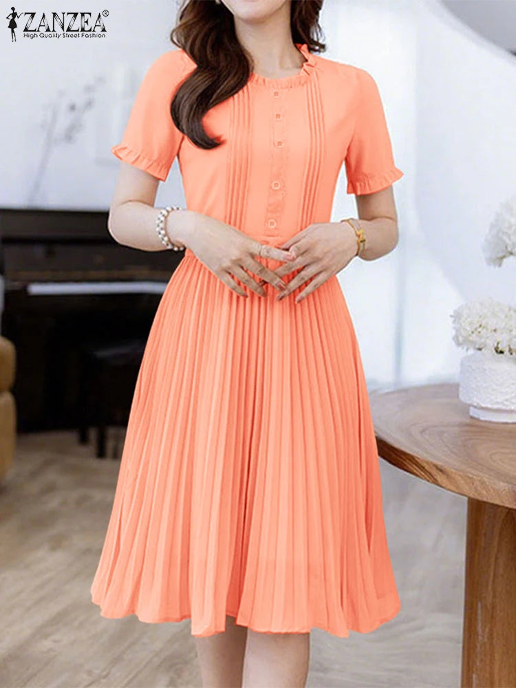 ZANZEA Women's Pleated Midi Dress — Short Sleeve O-Neck Office Sundress