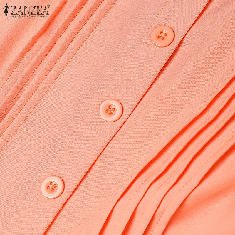 ZANZEA Women's Pleated Midi Dress — Short Sleeve O-Neck Office Sundress