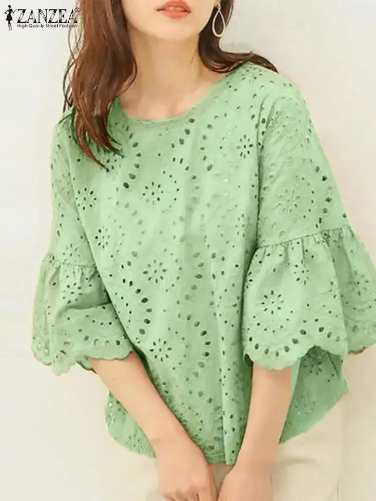 ZANZEA Women's Lace Crochet Blouse — 3/4 Sleeve Hollow Out Embroidery Work Top