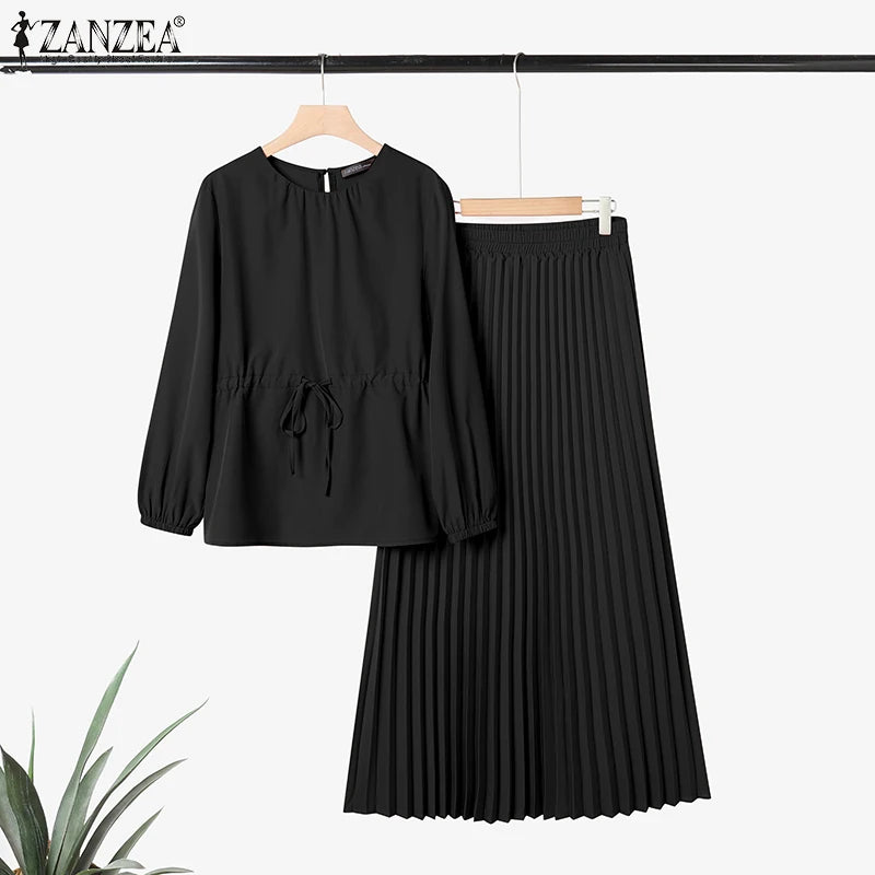 ZANZEA Women's 2-Piece Work Set — Long Sleeve Top & Pleated Maxi Skirt Outfit