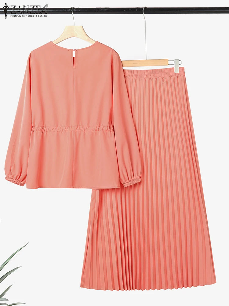 ZANZEA Women's 2-Piece Work Set — Long Sleeve Top & Pleated Maxi Skirt Outfit