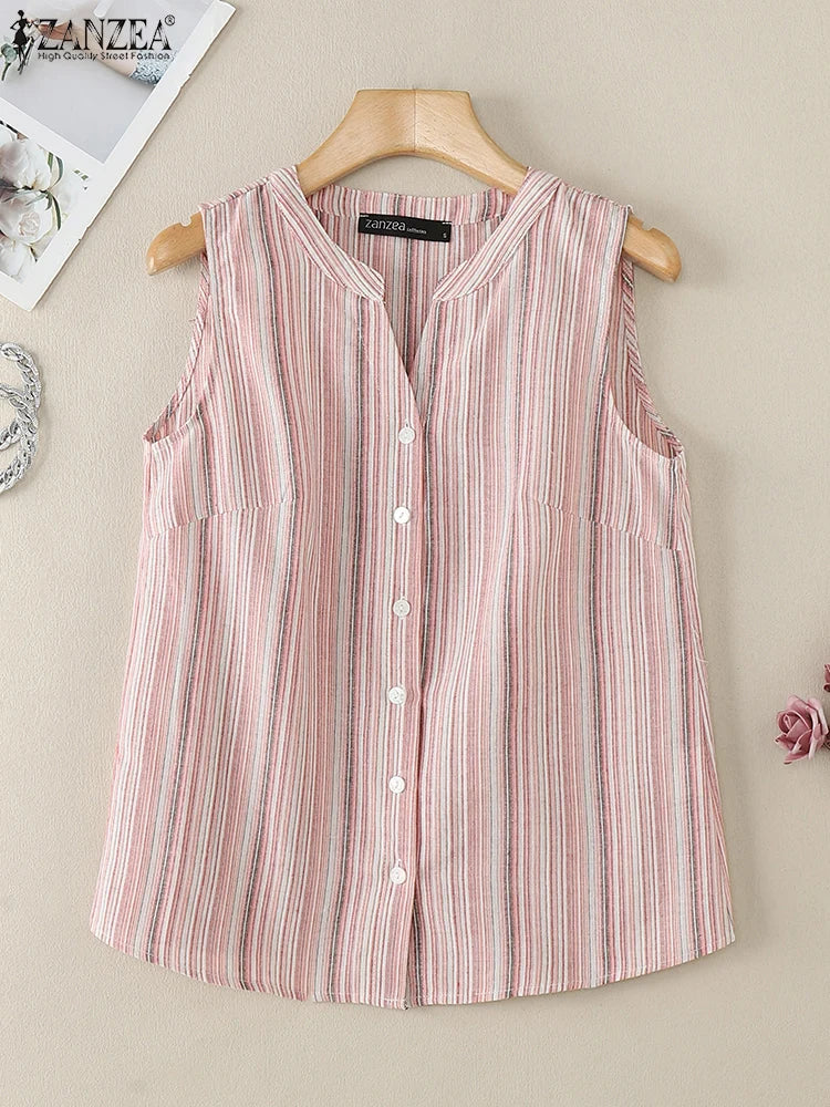 ZANZEA Women's Striped Button-Down Tank Top — Sleeveless V-Neck Cami Shirt
