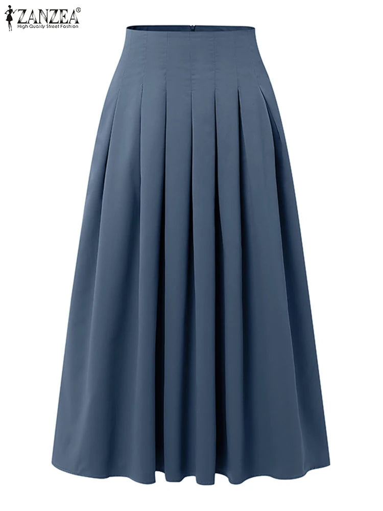 ZANZEA Women's Pleated A-Line Maxi Skirt — High Waist Elegant Long Skirt