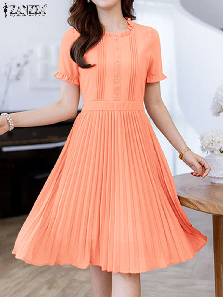 ZANZEA Women's Pleated Midi Dress — Short Sleeve O-Neck Office Sundress