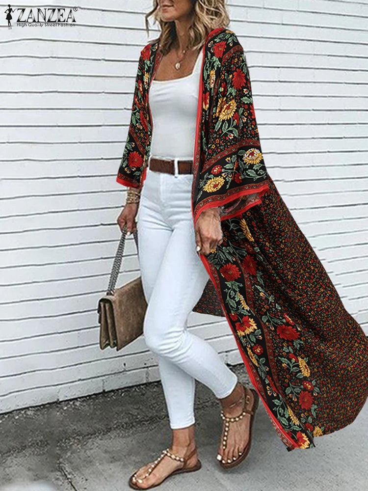 ZANZEA Women's Floral Kimono Cardigan — Long Sleeve Open Front Boho Beach Cover Up