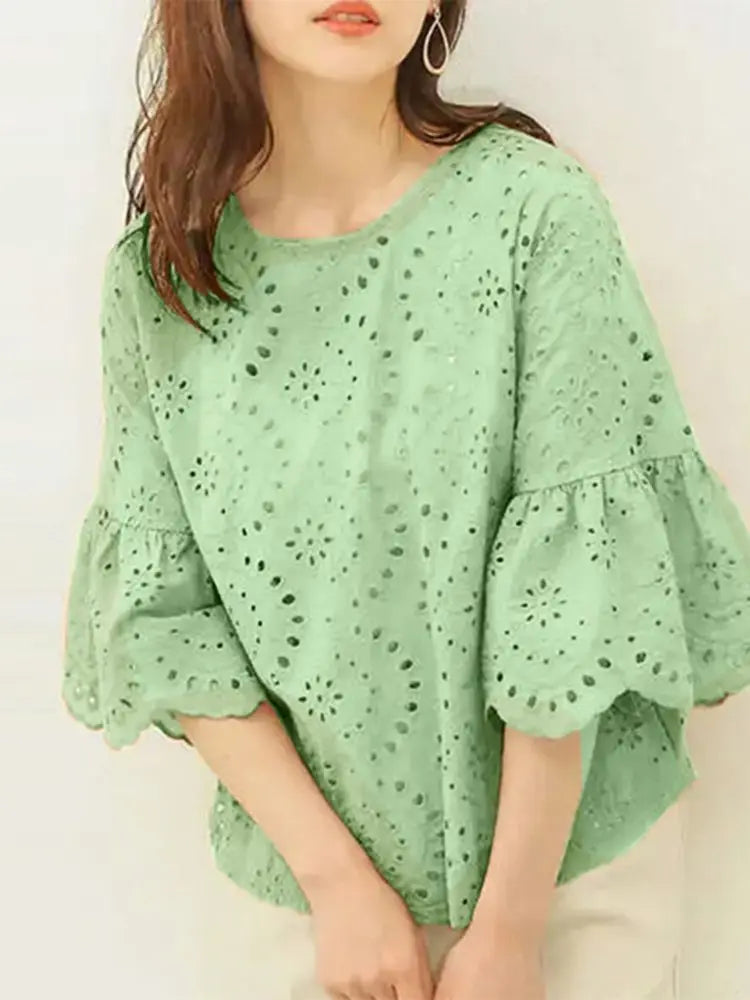 ZANZEA Women's Lace Crochet Blouse — 3/4 Sleeve Hollow Out Embroidery Work Top