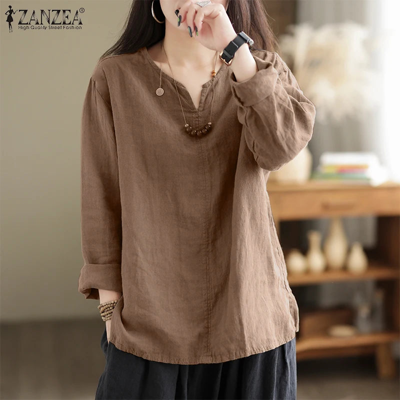 ZANZEA Women's Cotton Tunic Blouse — V-Neck Long Sleeve Loose Work Shirt
