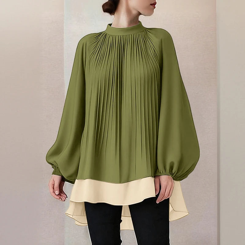 ZANZEA Women's Patchwork Blouse — Long Lantern Sleeve Pleated Work Shirt