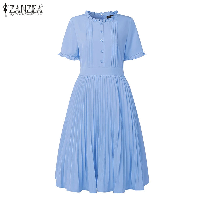 ZANZEA Women's Pleated Midi Dress — Short Sleeve O-Neck Office Sundress