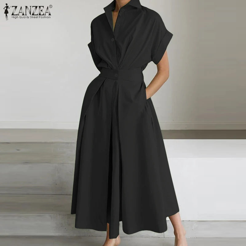 ZANZEA Women's A-Line Work Dress — Lapel Neck Short Sleeve Elegant Sundress