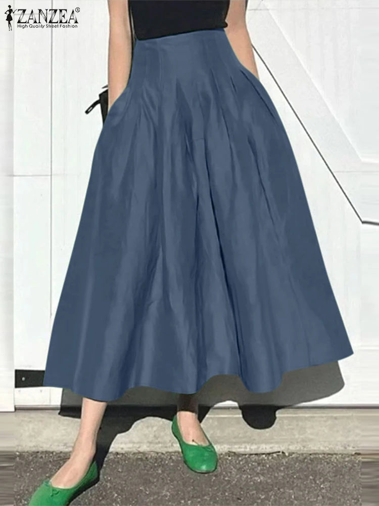 ZANZEA Women's Pleated A-Line Maxi Skirt — High Waist Elegant Long Skirt